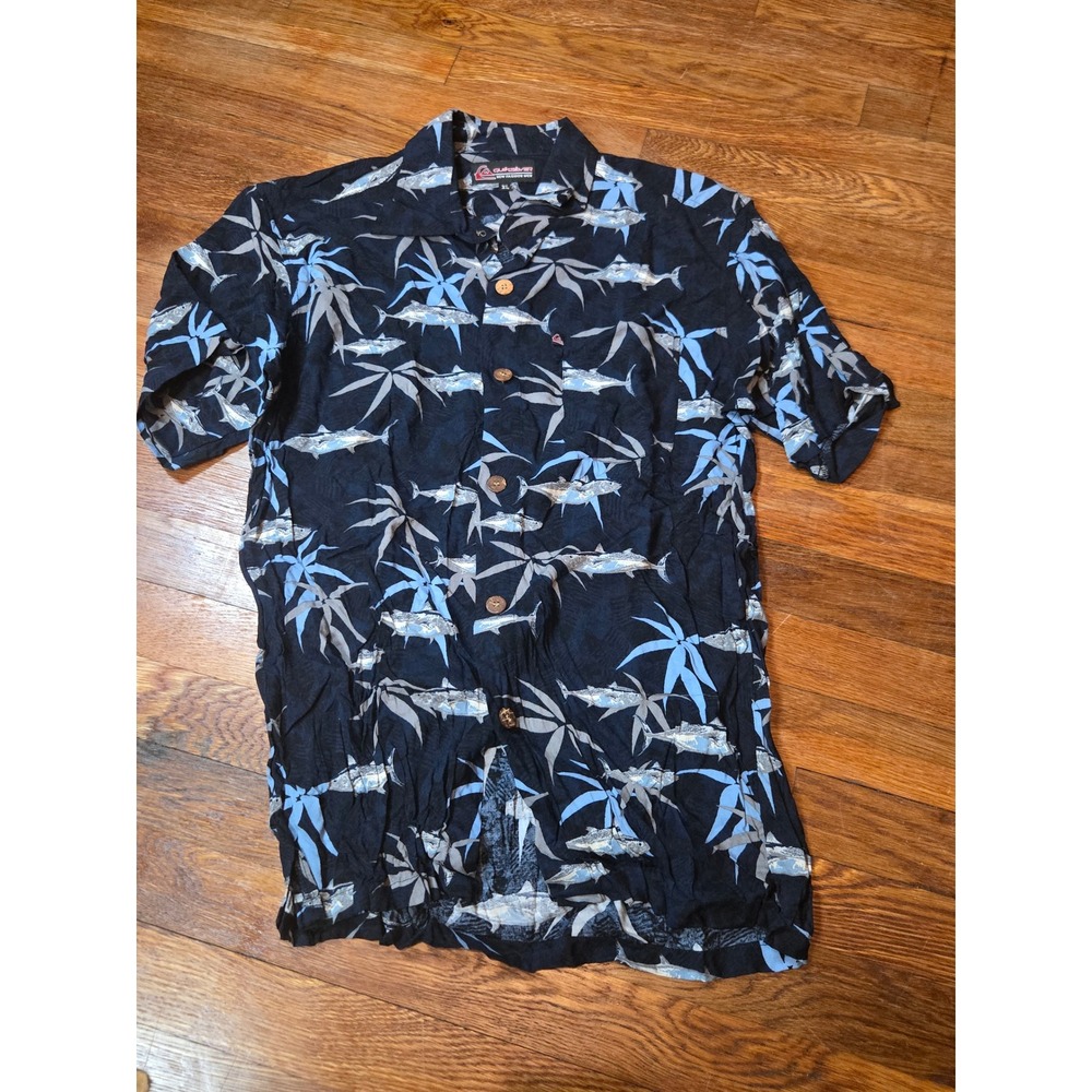 Quiksilver Mens XL Marlin Fish Palm Leaf Print Button Down Shirt Blue Black